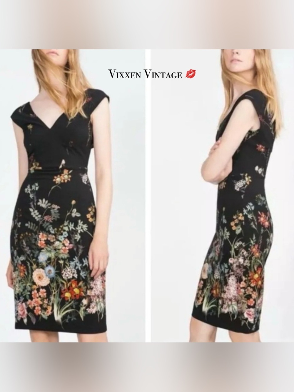 ZARA BOTANICAL SLEEVELESS V-NECK SHEATH DRESS IN BLACK